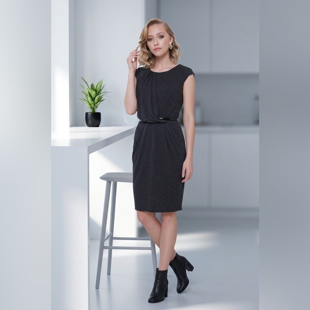 Adrianna Papell Black Cap-Sleeve Belted Midi Dress